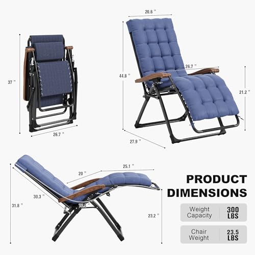 PURPLE LEAF Outdoor Reclining Chair Set of 2 Patio Zero Gravity Chaise Lounge Folding Chair with Removable Cushion Adjustable Headrest for Lawn Camping Beach Pool Navy Blue — view 2