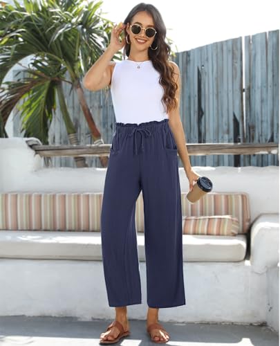Image of siliteelon Wide Leg Linen Pants for Women Summer Capri Palazzo Flowy Pants Casual Loose High Waist Trousers with Pockets