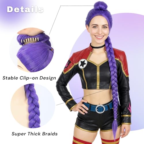 morvally Womens 47 Inches Purple Long Braided Ponytail Wig - Anime Cosplay Wigs for Women Halloween Costume Party (Purple, Adults)4