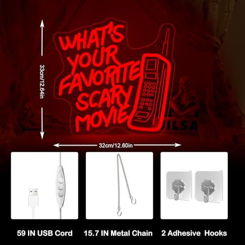 Image of What's Your Favorite Scary Movie Neon Sign Wall Light for Halloween Decor | 12.6in*12.6in,Adjustable brightness (5 levels),Powered by USB port,Applicable to Halloween,Bar,Club,Party,Night,Movie theater