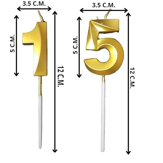 Image of ToyUniverse Number 15 Metallic Gold 3D Candle for Fifteenth Birthday, Anniversary, Surprise Party Cake Decoration (Pack of 2)
