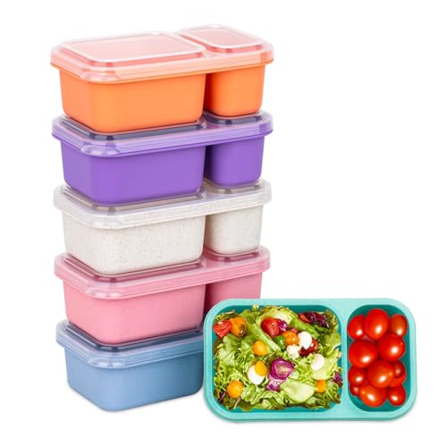 DOSEWART 2-Compartment Reusable Snack Containers with Lids Wheat Straw Reusable Snack Packs for Meal Prep Food Storage on-the-go Snacking(6Pack)