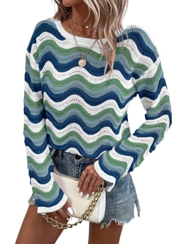 Long Sleeve Crew Neck Sweaters for Women Stripe Casual Pullover