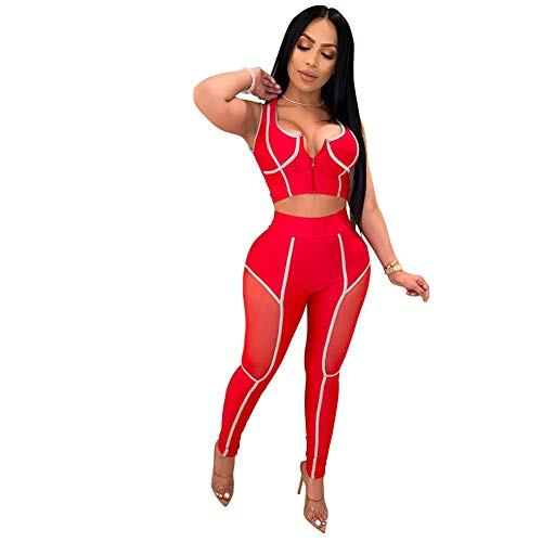 BIGFIRSE Women's 2 Piece Workout Outfits Tracksuit High Waist Leggings and Crop Top Yoga Seamless Clothing Activewear Set (Red, XXX-Large)