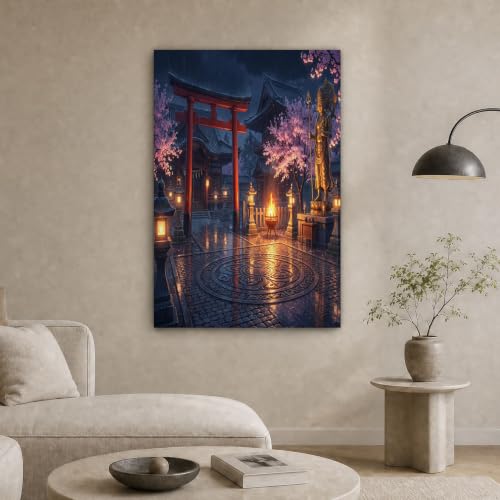 Tableau toile bleu profond pour salon zen avec porte torii et cerisiers 60x90 cm