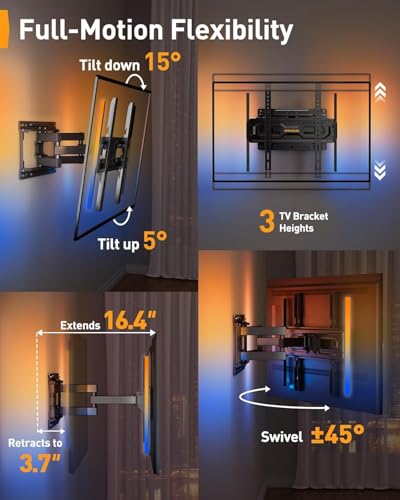 Image of Perlegear AuraFrame Pre-Assembled TV Wall Mount with LED Lights for 26-65 inch TVs up to 99 lbs, Max VESA 400x400mm, Swivel, Extension, Tilt, TV Backlights with Music Sync, Fits 16 inch /12 inch Wood Studs