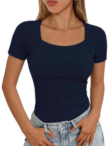 Aottori Damen Sommer Oberteil Kurzarm Gerippt Basic Shirt mit Eckigem Ausschnitt Stretch Figurbetont Marine S