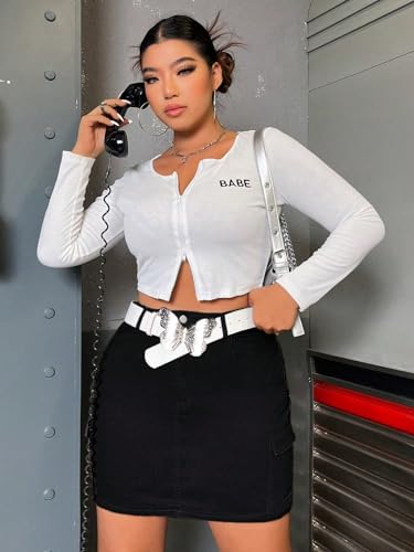 WDIRARA Women's Plus Size High Waist Cargo Denim Skirt Flap Pockets Zipper Fly Bodycon Mini Jean Skirt4