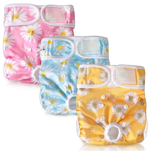 SlowTon Washable Dog Diapers Female - 3 Pack No Leak Reusable Doggie Puppy Diaper with Adjustable Buttons, Comfortable Female Dog Diapers for Heat Cycle Period Small Medium Large Dogs (S)