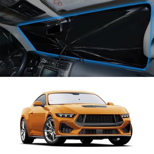 Image of Windshield Sun Shade Umbrella for 2015-2026 Fo-rd Mustang | Full covered for windshield, Block UV Rays, Heat Reduction, Easy to install, Durable & Fold Up Small