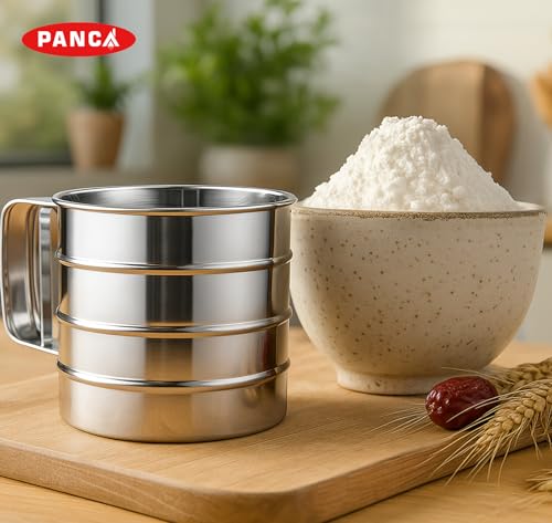 Image of PANCA Stainless Steel Flour Sifter | Hand Press Atta Chhani with Handle | Large Capacity Corrosion-Resistant Flour Sieve Cup for Baking, Sugar, Wheat, Maida & Powdered Ingredients (1 Pc, Silver)