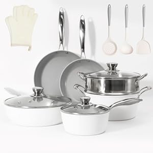 13 Piece Healthy Ceramic Nonstick Kitchen Cookware Set, Heavy Gauge Aluminum Pots and Pans Set, PFOA Free, Induction/Ceramic Stove Compatible, Oven/Dishwasher Safe, White & Gray