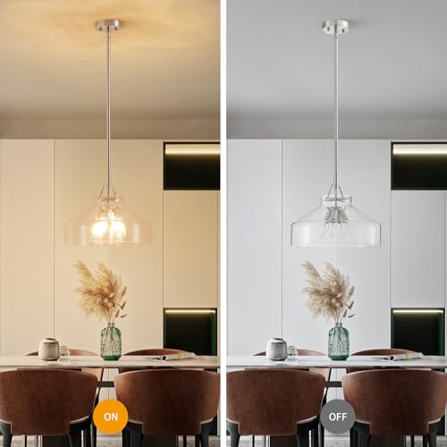 Image of WUZUPS Chandelier Rustic Farmhouse Industrial Round Ceiling Pendant LED Light Fixture with Clear Glass Shades for Dining Room Kitchen Island Foyer Entryway, H 11.8 inch W 15 inch, E26 Base, Gold