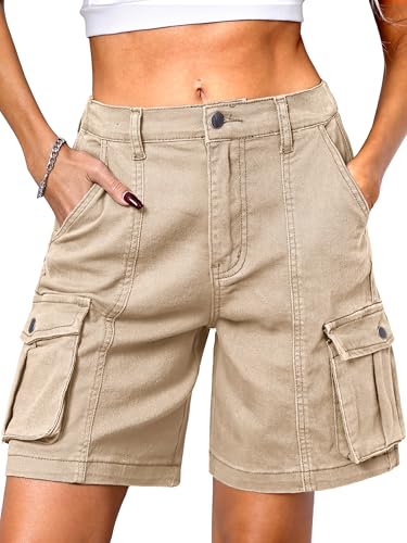 ELLEVEN Cargo Shorts Women High Waisted Bermuda Knee Length Cotton Long Y2K 7 Inch Inseam Summer Hiking Shorts with Pockets Khaki Medium