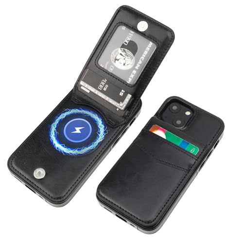 KIHUWEY for iPhone 13 Mini Case Wallet Compatible with MagSafe Wireless Charging, Credit Card Holder, RFID Flip Leather Magnetic Clasp Kickstand Heavy Duty Protective Cover 5.4 Inch (Black)