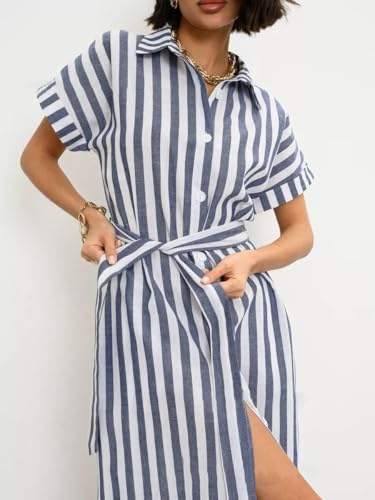 Image of utcoco Women's 2025 Striped Short Sleeve Cotton Maxi Shirt Dress Belted Side Slit Button Down Dress with Pockets