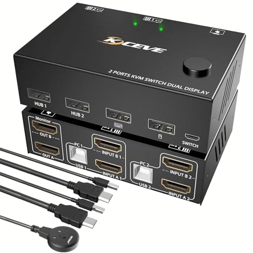 KVM Umschalter 2 Monitore 2 Computer, Dual Monitor HDMI USB 2.0 Switch 4K @ 30Hz, Monitor Maus Tastatur HDMI Switcher für Laptop, PC, PS4, Xbox, Kann Mit Externe Schaltertaste