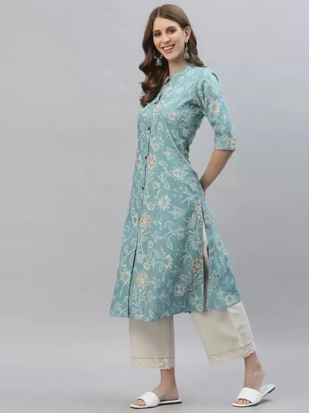 Image of Women's Mauve Floral Printed Straight Kurta with Mandarin Collar (Only Kurta)