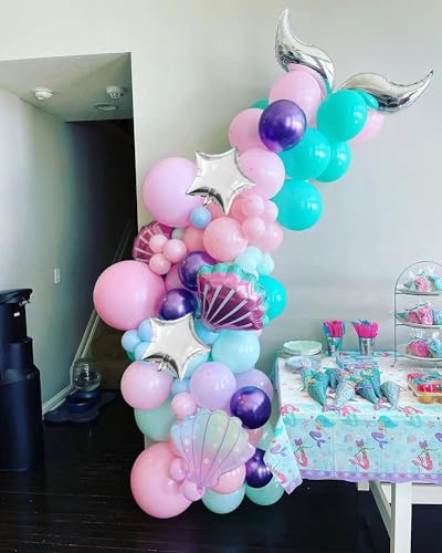 Image of Mermaid Tail Balloons and Seashell Star Balloons for Baby Shower Mermaid Sea Themed Birthday Party Decorations Supplies