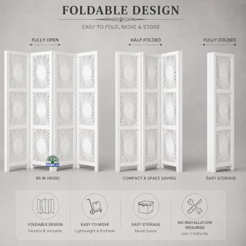 Image of Wooden Room Divider Partition for Living Room | Foldable 4 Panel Decorative Privacy Screen Separator for Home, Office & Bedroom | Modern Natural Brown (Sun White)
