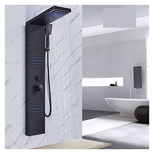 Panel de ducha, panel de ducha LED negro mate con cascada, grifo de lluvia, columna de ducha SPA con jets de masaje y mezclador de doble mando (6002 Negro 1) miniatura 7