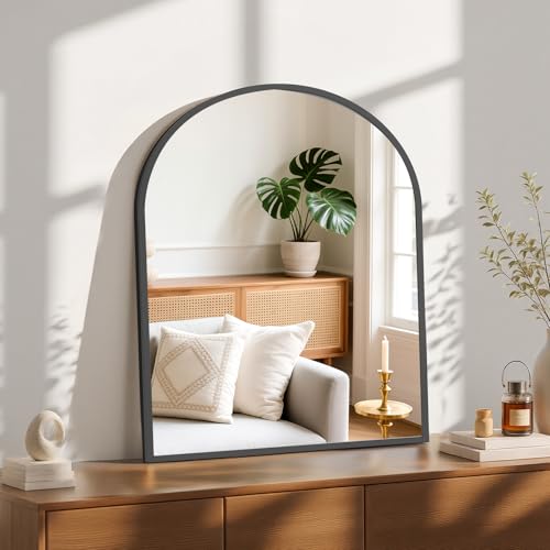Image of Sweetcrispy 31 inchx32 inch Arched Black Bathroom Mirrors for Wall, Bathroom Mirrors for Over Sink, Metal Framed with HD Shatter-Proof Glass for Entryway, Living Room, Bedroom