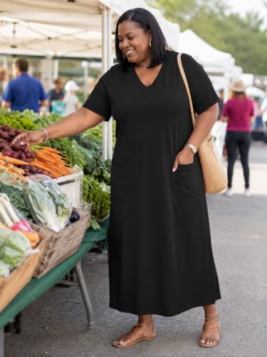 Image of Plus Size Maxi Dress for Women Short Sleeve V Neck Casual Loose Sundress with Pockets