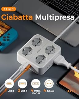 TESSAN Ciabatta Multipresa con USB C, Multipresa Elettrica con Prolunga Elettrica 2 Metri, Ciabatta Elettriche con 4 Spina Schuko e 4 Bivalenti 10A/16A, 3680W Presa Multipla con Interruttore, Grigio