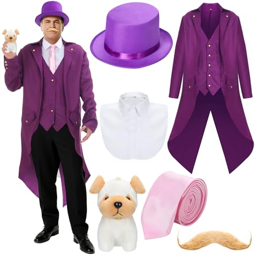Chicingyou 6 Pcs Halloween Purple Villain Costume Purple Tailcoat Top Fake Mustache Hat Puppy Cartoon Halloween Costume(Large)