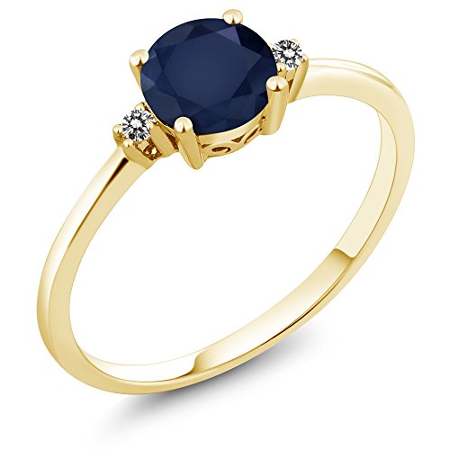 Gem Stone King 10K Yellow Gold Blue Sapphire and White Diamond Solitaire Engagement Ring For Women (1.03 Cttw, Round 6MM, Gemstone September Birthstone, Available in Size 5,6,7,8,9)