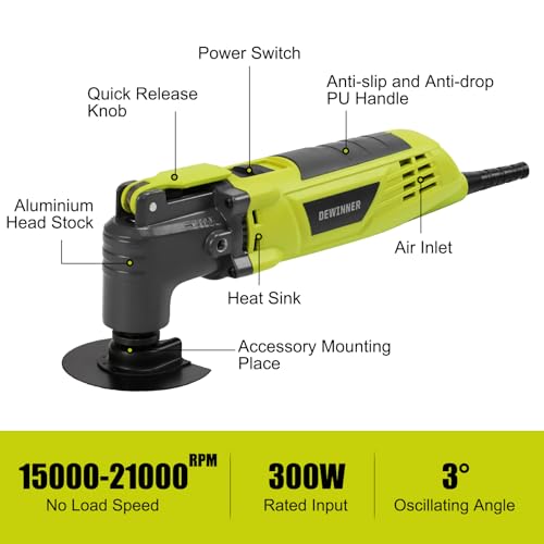 DEWINNER Oszillationswerkzeug, 300W Multifunktionswerkzeug, 3° Oszillationswinkel, 6 Variable Geschwindigkeit 15000-22000RPM, mit 28 Zubehör, zum Schneiden, Schnitzen, Bohren, Schleifen, Polieren