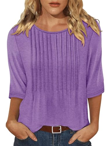 KISSMODA Tunic Tops for Women Loose Fit Dressy Round Neck Pleated 3/4 Length Sleeve Spring Tops