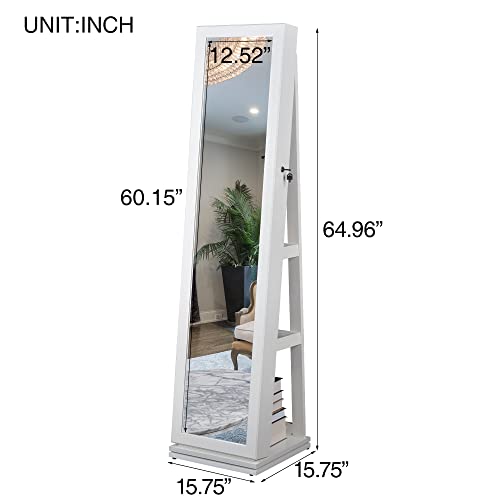 4-In-1 Jewelry Cabinet Organizer with Full-Length Mirror, 360° Swivel Lockable Standing, Inside Makeup Mirror, Back Storage Shelves, Jewelry Armoire for Space-Saving, Gift Idea, White - Image 4
