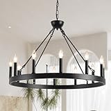 VBKK Wagon Wheel Chandelier 32' 12-Light, Round Black Chandeliers Farmhouse Modern Wagon Wheel Light Fixtures, for High Ceiling Dining Living Room, Foyer, Entryway