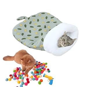 Cat Sleeping Bag for Indoor Cats, Cat Winter Sleeping Bag Pet Soft Plush Cat Sack, Self Warm Cat Bed Cave Fluffy Cat Tunnel Calming Sleeping Bags for Cats with 20PCS Cat Ball Toy Launcher Gun