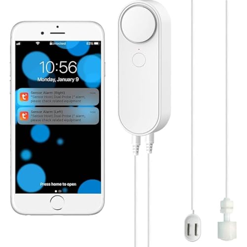 Detector de Fugas de Agua WiFi con Nivel de Agua 2 en 1, Alarma Inteligente con Sensor de Agua, 5 m de línea de detección Dual separada, Alarma Dual Izquierda y Derecha, monitoreo Remoto de