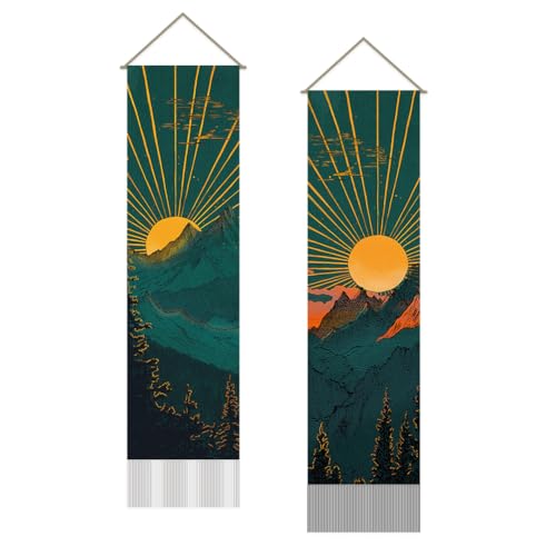 SUPERDANT Tapiz de pared con amanecer y atardecer sol de montaña arte de pared tapiz con paisaje natural tapiz largo para colgar en la pared 2 piezas tapices con borla