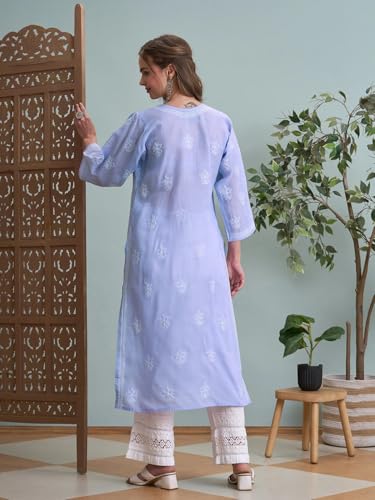Image of Ada Women's Cotton Straight Fit Straight Hand Embroidered Lucknowi Chikankari Kurta Kurti A411165