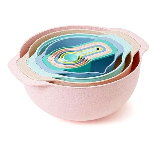 Menbyci 10Pcs Plastic Mixing Bowls Set with Measuring Spoon, Colorful Serving Bowls for Kitchen, Multi-Purpose Nesting Bowl with Handle, Colander and Fine Mesh Sifter, for Baking, Prepping and Cooking