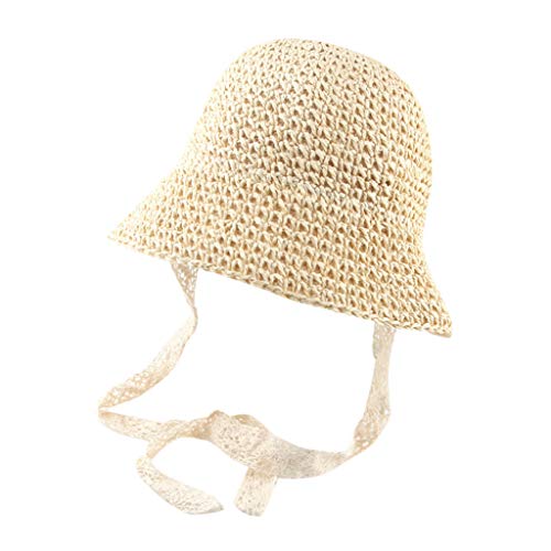 Swyss Baby Girls Foldable Packable Wide Brim Summer Sun Hats Beach Ribbons Straw Hat for Toddlers Kids Beige