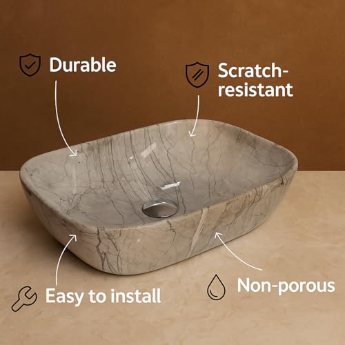 Image of Ceramic Tabletop Wash Basin - Glossy Rectangular Countertop Vessel Sink with Marble Finish for Bathroom & Vanity | Compact 18 x 13 x 5 Inch | Elegant Washbasin