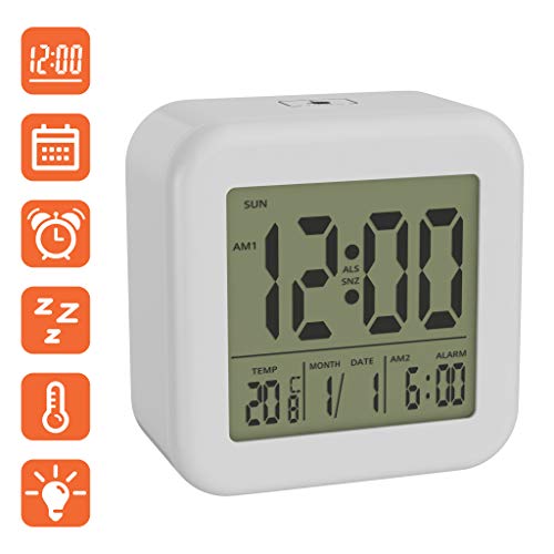 BonVivo DIGI Morning Alarm Clock Mit Weckfunktionen, LCD Wecker Digital, Digitalwecker Mit Uhrzeit, Datum & Temperatur, Wecker Batteriebetrieben, Uhr Wecker Mit Licht & Snooze Funktion, Tischuhr weiß