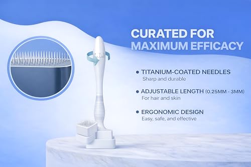 Image of Derma Stamp for Hair Regrowth & Facial Spa, Titanium Coated Adjustable Needles 0.25mm to 3mm, 140 Microneedling Stamp for Skin Repair, Face, Hair & Beard Growth, Reusable derma pen, Reduces Acne Scars, Safe & Effective To Use (Off White)