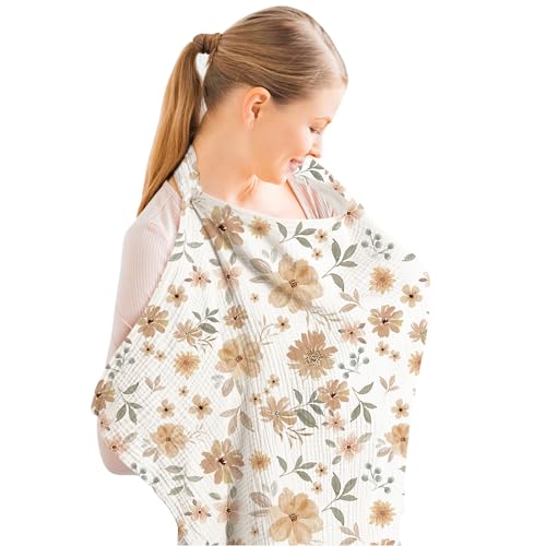 Image of Konssy Muslin Nursing Cover for Baby Breastfeeding, Breathable 100% Cotton Breastfeeding Cover with Rigid Hoop for Mother Nursing Apron, Multi-use Carseat Canopy (Flourish)