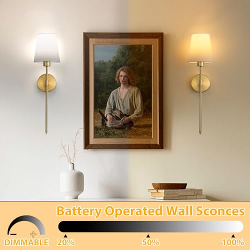 Image of LOUSACE Battery Operated Wall Sconces Set of 2, Rechargeable Wireless Wall-Mounted Sconce with Remote Control & 5200mAh Dimmable Bulbs, Gold Wall Sconces Decor Set for Bedroom Living Room Entryway