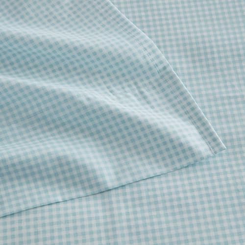 Image of Martha Stewart - Twin XL Size Sheet Set, Breathable Cotton Percale Bedding with Matching Pillowcase, Fully Elastic Fitted Sheet, Deep Pocket, Crisp & Cooling All-Season Comfort (Small Gingham Blue)