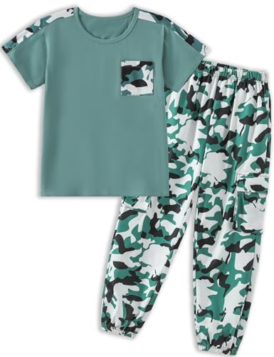 Image of mksodopy Boys Clothes Outfits Set, Camo Cargo Pants and Short Sleeve Pocket Tee 2PC Summer Tracksuit for Kids 5-16Y