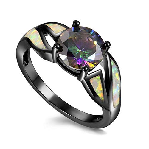 UFOORO Black Rhodium Plated Fire Opal infinity Ring Colorful Cubic Zircon Engagement Rings For women Size 7