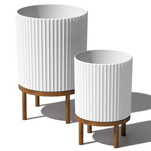 Image of Veradek Demi Series Raised Duo Planters - Set of 2 Planters with Stands | Made From a Durable Plastic-Stone Composite & Comes With Wooden Stand. Modern Porch /Patio Decor
