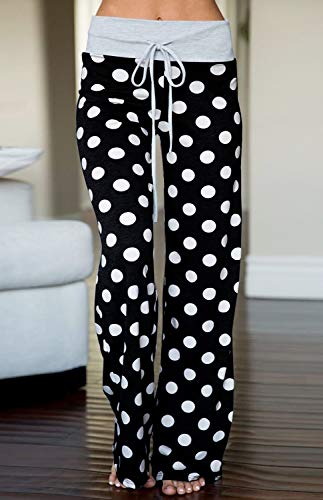 Amiery Womens High Waisted Pants Soft Stretch Sleep Polka Dot Juniors Pants Pajamas Bottoms Wide Leg Pants Joggers Lounge Palazzo Pants Black L #TOP2